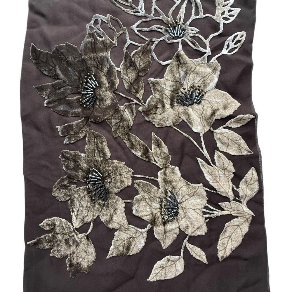 Ellen Tracy Brown Silk Velvet Beaded Floral Embroidered Scarf - Picture 2 of 10